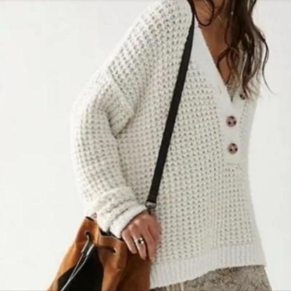 Free People Whistle Henley waffle sweater size medium in cream - Picture 4 of 12